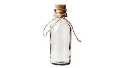 An empty glass bottle with a wooden stopper on a transparent background. The bottle is tall and narrow, rectangular in shape.