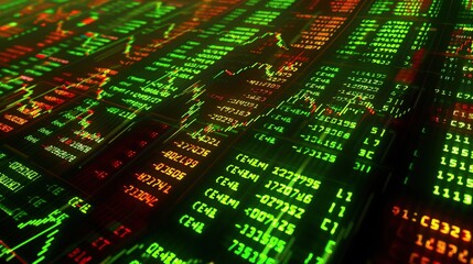 A digital display of stock market data with green and red indicators representing trends.