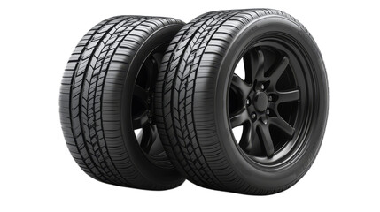 Two new car tires standing next to each other on a transparent background.
