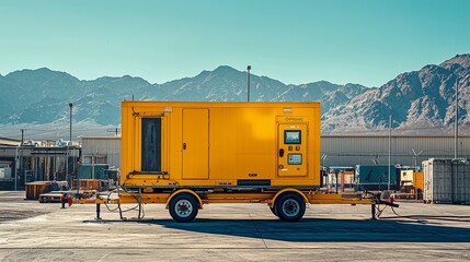 Focused image of mobile generator in industrial area with mountains