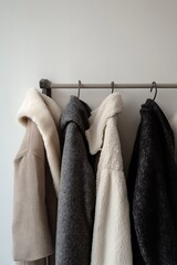 Elegant winter coats displayed against minimalist decor