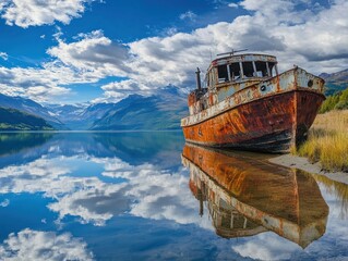Rusty Shipwreck in a Serene Mountain Lake