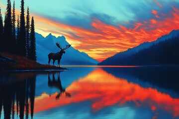 Fototapeta premium Majestic moose standing near a reflective lake in a forest clearing at sunset warm and rich tones creating a naturalistic scene