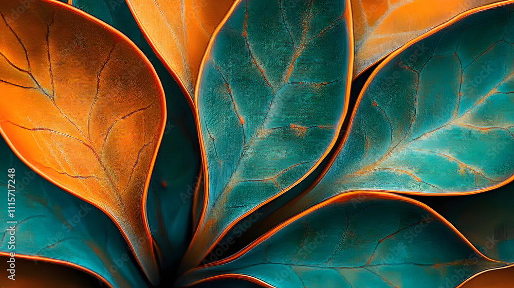 Poster flowing abstract macro photography of orange and teal leaf patterns