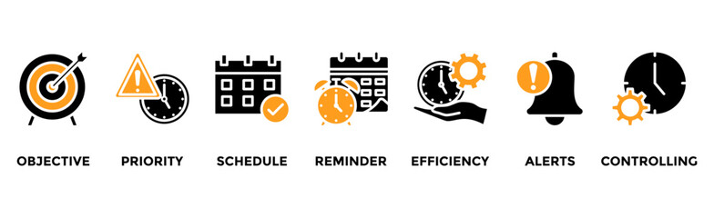 Time management banner web icon vector illustration concept with icon of objective, priority, schedule, reminder, efficiency, alerts, and controlling