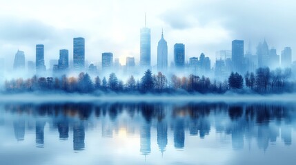 Fototapeta premium Misty city skyline reflected in calm water at dawn.