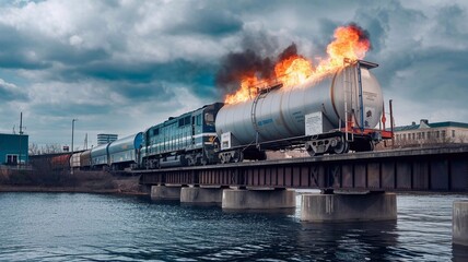 Fototapeta premium A dramatic scene of a derailed freight train with a tanker car ablaze, symbolizing danger, hazardous materials, and the risks associated with transportation incidents