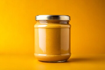 Mockup of a Peanut Butter Glass Jar with Blank Label on Vibrant Yellow Background for Creative Product Display and Marketing Needs