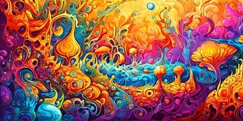 A colorful painting of a forest with many different colored mushrooms and plants