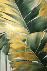 Golden Green Abstract Tropical Leaves Wall Art