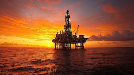 An offshore oil rig stands against a vibrant sunset over the ocean.