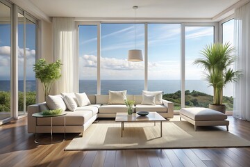 Modern Living Room Interior Design Featuring White Furniture and Stunning Sea View - 3D Illustration of a Minimalist Space Emphasizing Serenity and Elegance