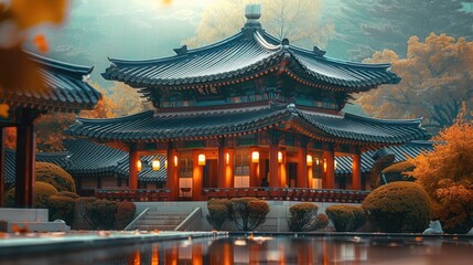 Obraz premium Korean traditional temple building. beautiful light is bright.