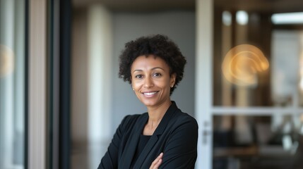 businesswoman corporate portrait in office, smiling mature black middle aged manager business woman. Portrait of a black businesswoman standing in a modern office.
