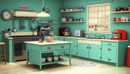 Retro Inspired Colorful Kitchen with Vintage Appliances and Decor