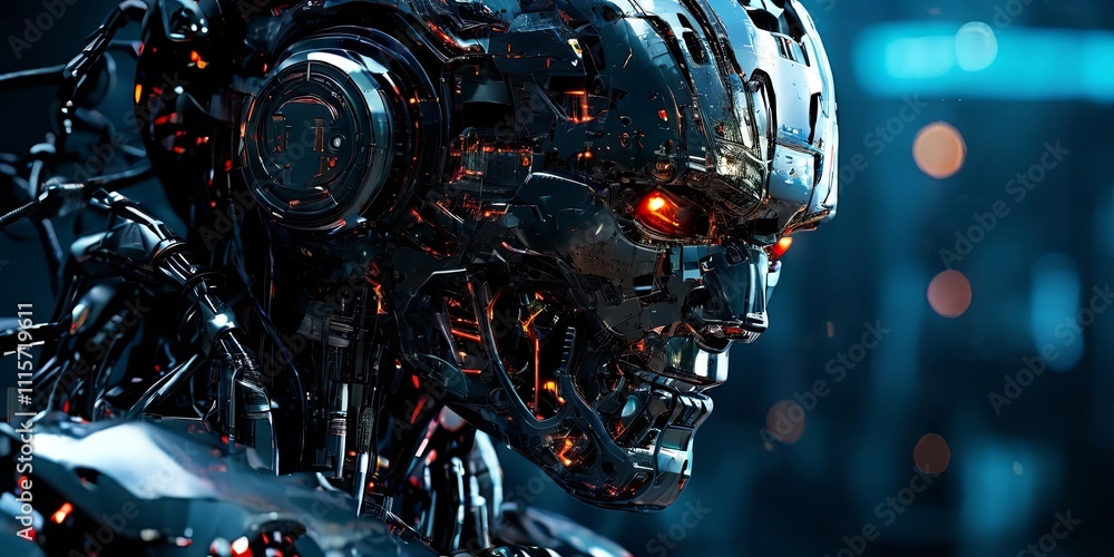 Poster a robot with glowing red eyes and a skull on its face