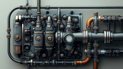 Obraz premium Detail of generator fuel injection system against neutral background 169 aspect ratio high quality