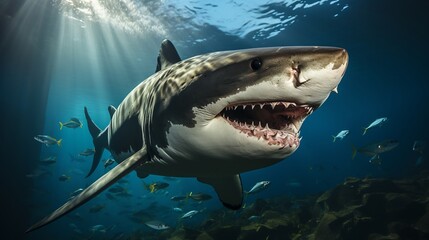 Fototapeta premium Orca swimming near iceberg under cloudy sky soft lighting and realistic details cool blue tones