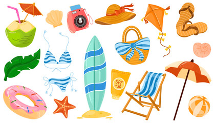 Summer Stickers Set. Collection of scrapbooking elements for holiday and beach party. Tropical vacation. Bright summertime poster. Hand draw vector illustration isolated on the white background.