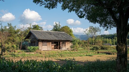 Fototapeta premium Charming wooden house in rural village tranquil landscape nature photography serene environment idyllic viewpoint