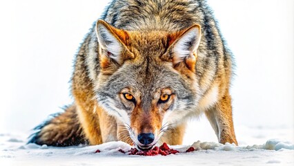 Fototapeta premium Pixelated Art Design of a Red-Eyed Coyote Hunting Its Prey on a White Background, Capturing the Essence of Nature's Predatory Instincts in a Unique Visual Style