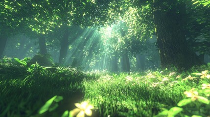 Fototapeta premium Sunlit serenity a lush green forest filled with light nature peaceful enchanted environment tranquil scene