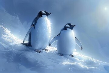 Fototapeta premium Penguins sliding down icy hills during polar day bright blue white color scheme rendered in digital painting with light brushstrokes
