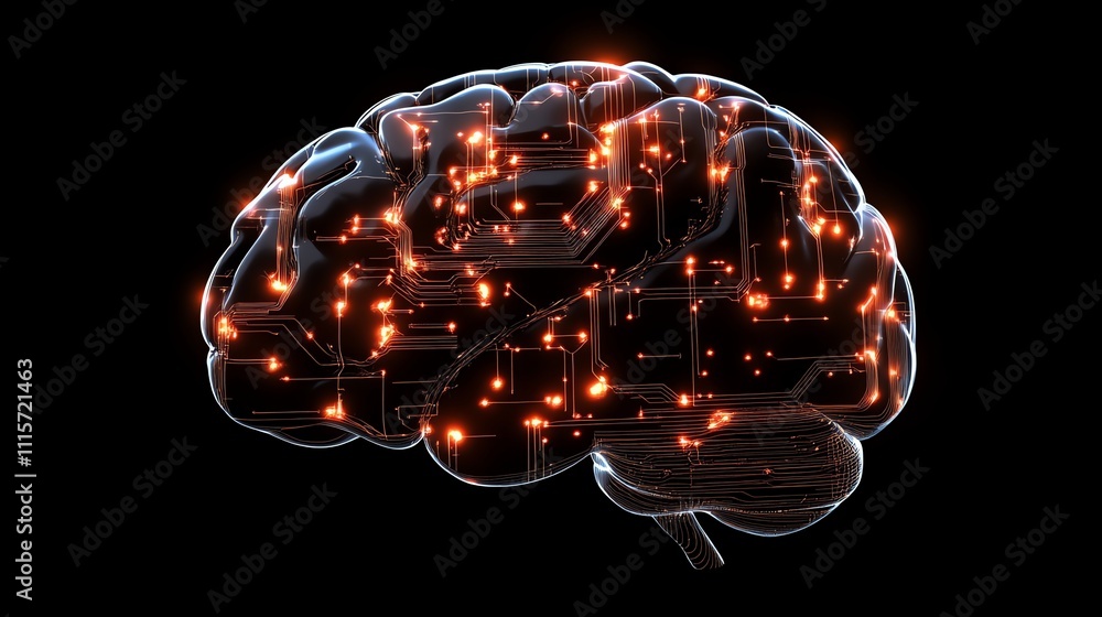 Aufkleber a digital rendering of a human brain with glowing circuitry.