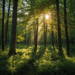 Fototapeta premium A beautiful fresh spring forest with sunlight streaming through the trees.