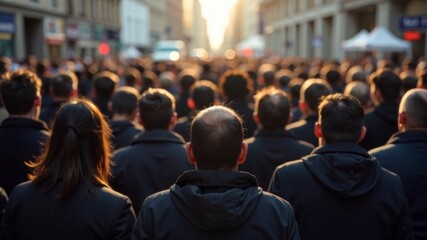 A crowd of people at a rally hide their faces.