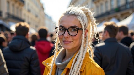 Fototapeta premium woman with white dreadlocks and glasses stands at a rally among a crowd of people