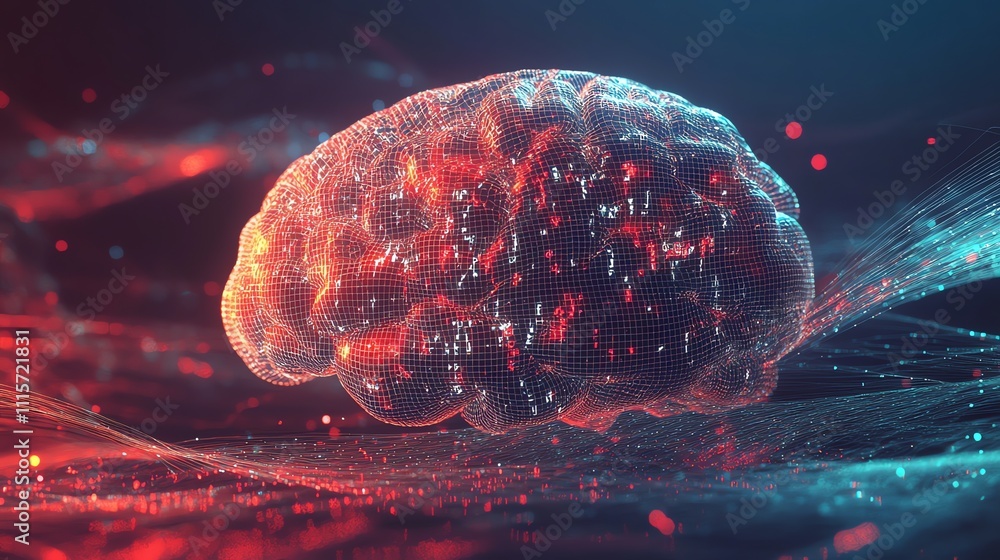 Poster a digital rendering of a human brain with glowing circuitry.