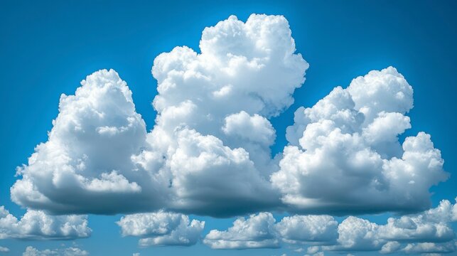 Fluffy cumulus clouds scattered across a clear blue sky creating a peaceful and uplifting atmosphere ideal for nature visuals and serene backgrounds for various designs.
