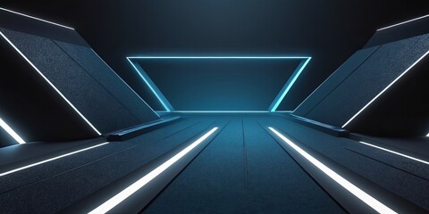 A dark room with a blue and white neon sign