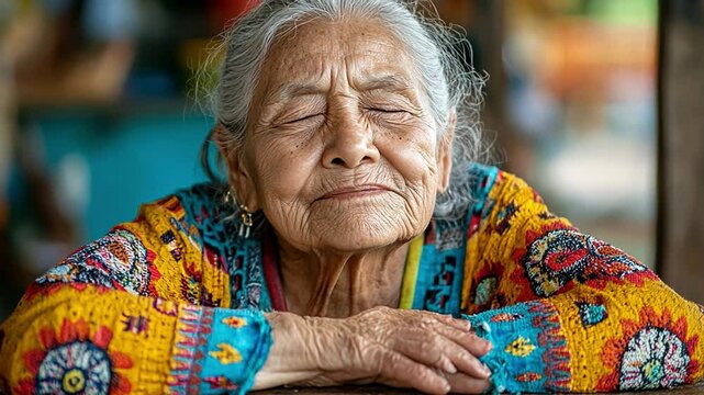 A serene portrait of an elderly indigenous woman, eyes closed, radiating tranquility and wisdom in vibrant traditional clothing.