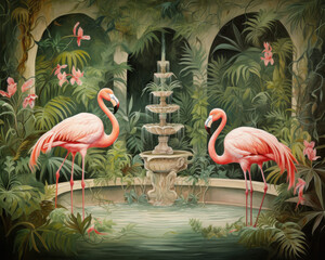 Elegant Garden Scene with Flamingos and Classical Fountain in Tropical Surroundings