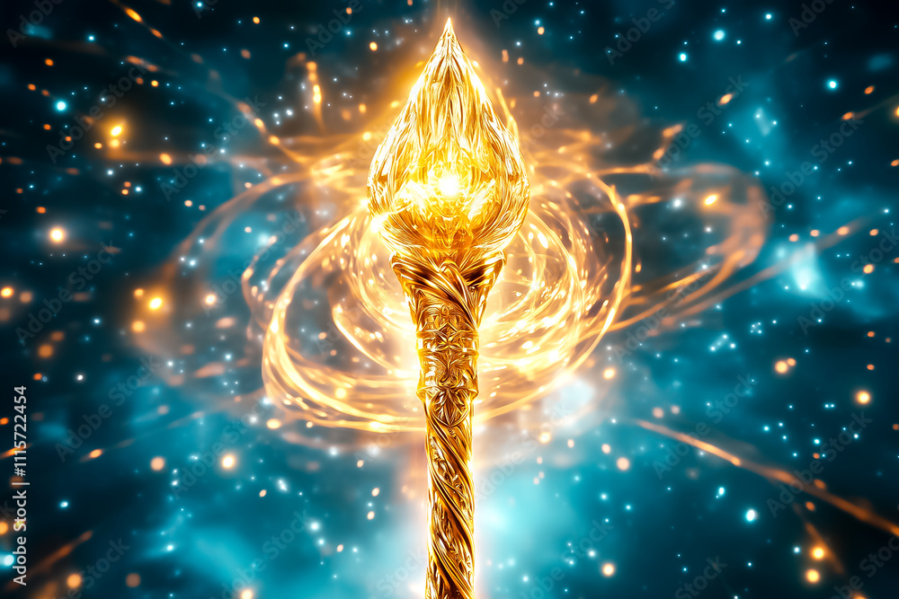 Poster a golden scepter glows brilliantly while floating in a dark void filled with sparkling cosmic elemen
