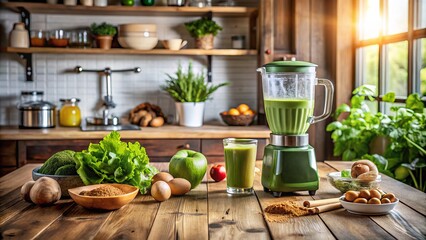 Reishi Mushrooms in a Smoothie Blender on a Wooden Table in a Bright Kitchen, Emphasizing Healthy Vegan Superfood Lifestyle with Ample Copy Space for Text or Branding