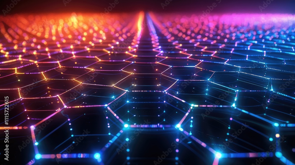 Leinwandbilder abstract futuristic background with colorful glowing hexagons on a dark blue background, a perspecti
