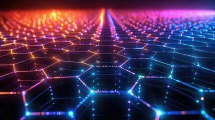 Abstract futuristic background with colorful glowing hexagons on a dark blue background, a perspective grid, and connection lines. Big data technology concept.