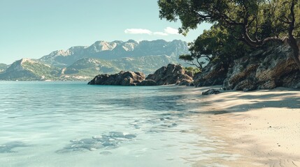 Obraz premium Tranquil beach scene clear waters and distant mountains creating a peaceful coastal landscape