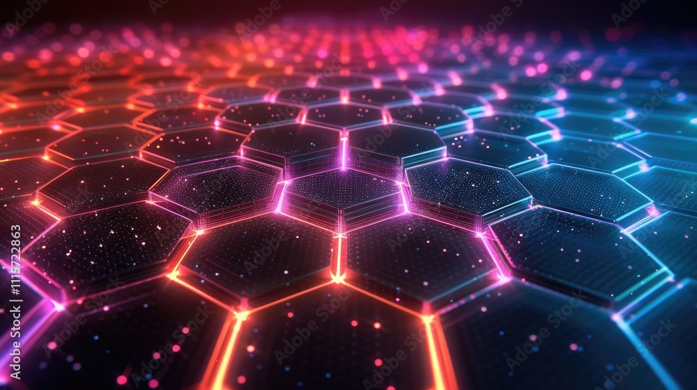 Poster Abstract futuristic background with colorful glowing hexagons on a dark blue background, a perspective grid, and connection lines. Big data technology concept.