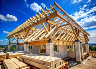 Roof Trusses Awaiting Ceramic Tiles on a House Under Construction: A Captivating Documentary Photography Perspective of Modern Home Building Processes