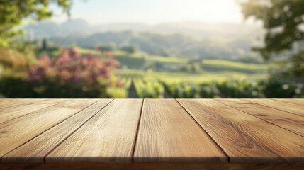 Empty wood table top with blur background of vineyard landscape in winery. 