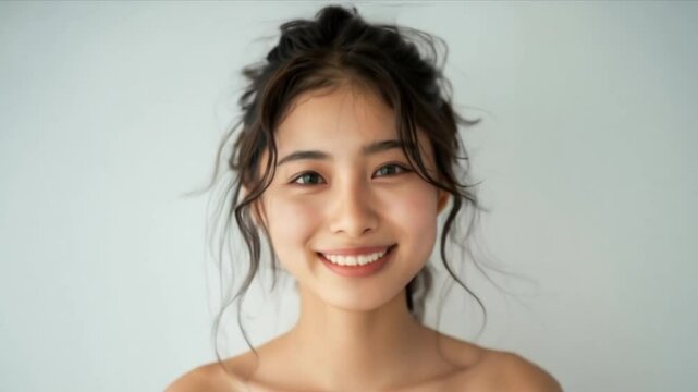shot of an Asian girl with curly hair in white camisole pajamas, highlighting her bright eyes and genuine smile against the clean white background.