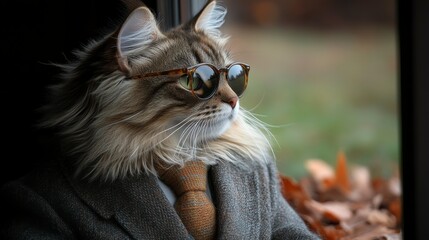 A dapper cat dressed in a suit with a tie and wearing sunglasses, combining business sophistication with a playful, fun twist for a stylish and unique portrayal.