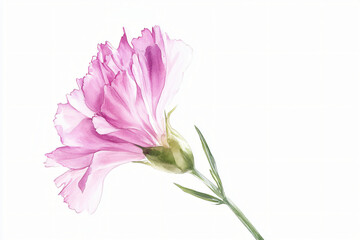 Watercolor botanical illustration of delicate pink carnation, soft translucent layers