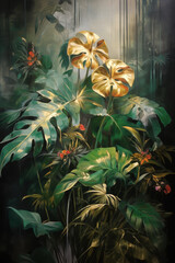 Tropical jungle foliage with golden monstera leaves illustration