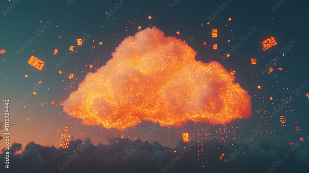 Poster fiery cloud with glowing data fragments. abstract digital art depicting data transfer in the cloud.