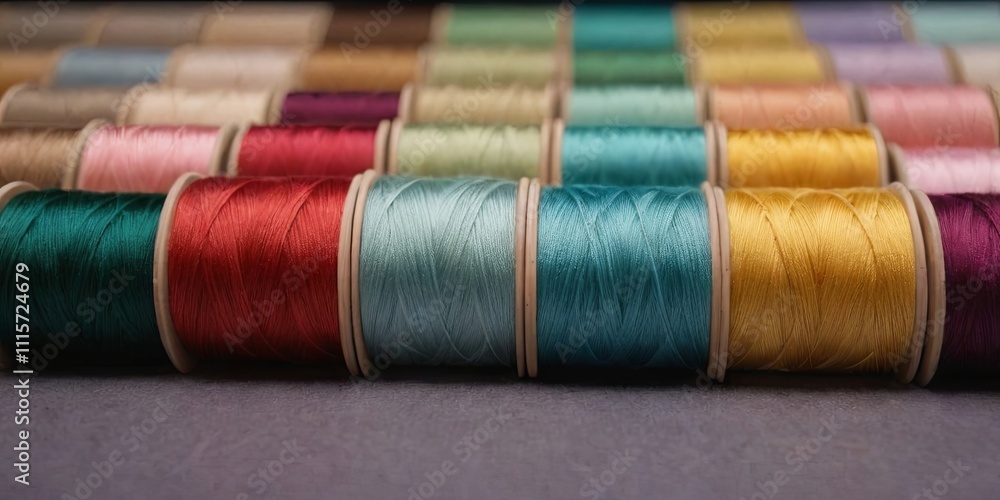 Poster a row of colorful spools of thread